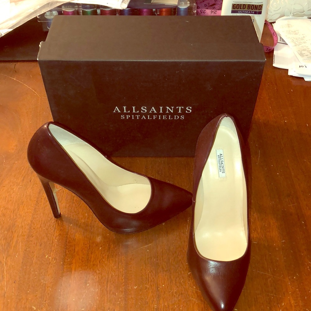 NIB Allsaints Spitalfields Oxblood Leather Heels